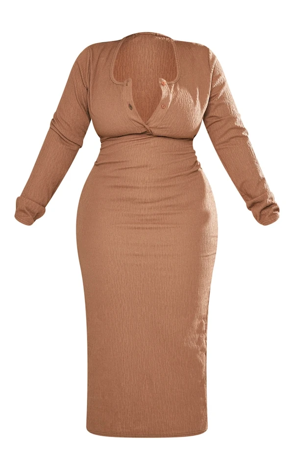 Plus Robe Mi-longue Texturée Chocolat à Boutons 7 Plus Robe Mi-longue Texturée Chocolat à Boutons – Image 5