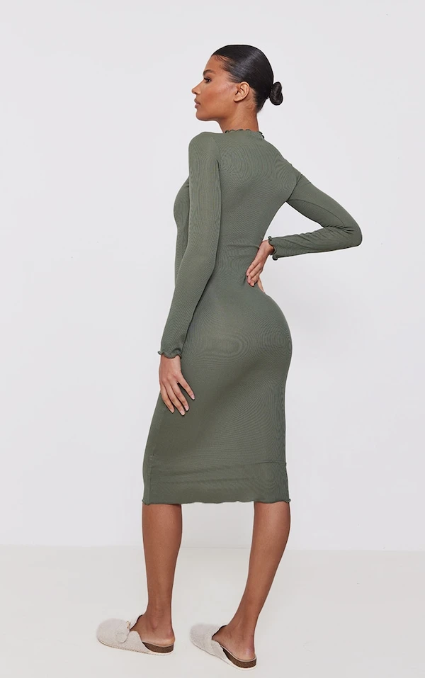 Robe Mi-longue Côtelée Kaki à Manches Longues Et Ourlet Légèrement Volanté 4 Robe Mi-longue Côtelée Kaki à Manches Longues Et Ourlet Légèrement Volanté – Image 2