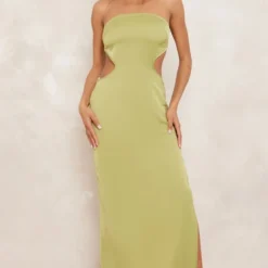 Robe Bustier Longue Vert Olive Satinée Découpée Sur Les Côtés