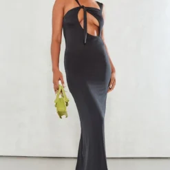 Robe Asymétrique Longue Très Moulante Noire à Bretelle Nouée