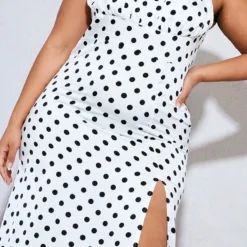 Plus Robe Mi-longue Fendue Blanche Imprimé Pois à Buste Froncé -Jolie Vêtue Soldes Magasin 50fdf0029d07918d3e0fb389b58176fddb23f2a4 cnd4876 4
