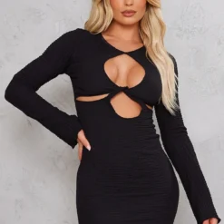 Robe Moulante Texturée Noire à Découpes Et Manches Flare -Jolie Vêtue Soldes Magasin 51dbdbf1d70f1ba5289ab1d48ee849212985c7db cnd4056 4