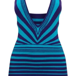 Robe En Maille Tricot Bicolore Turquoise à Rayures Abstraites Et Décolleté Plongeant -Jolie Vêtue Soldes Magasin 520b252a5d43a40cd3789142a4d6d28e1249a116 cnb8367 5