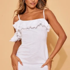 Robe Moulante En Effet Lin Blanc à Bretelles Et Volants à Ourlet élimé -Jolie Vêtue Soldes Magasin 522cc9561cff29a7d6cae2e1e127bb505de3c2af cnd5889 1