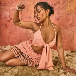 Robe Moulante Effet Lin Pêche à Ourlet Frangé Et Buste Noué -Jolie Vêtue Soldes Magasin 52ca4bdc38917ef40617db879cbdd73b9af2f000 cmy2204 4