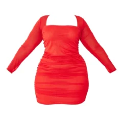 Plus Robe Moulante En Mesh Froncé Rouge à Col Carré -Jolie Vêtue Soldes Magasin 52d3b553c8d54fb0d5c5f233e9f06472bba52bf1 cna0563 5