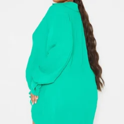 Plus Robe Chemise Texturée Verte à Détail Drapé Et Manches Longues -Jolie Vêtue Soldes Magasin 5376a2111adf9f832cd2cbef70abbbb74567385b cmu4915 3