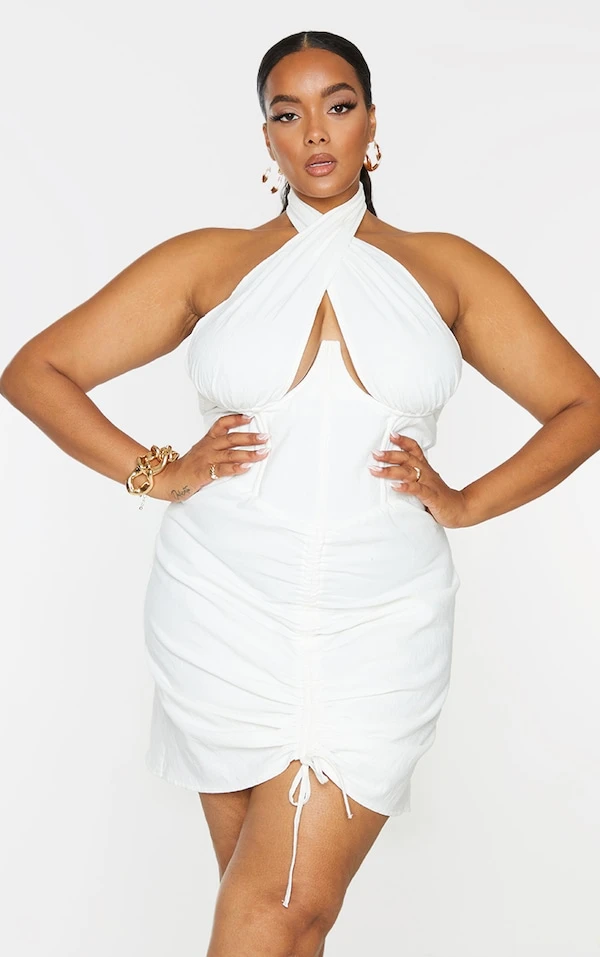 Plus Robe Moulante Blanche Style Corset Froncée Effet Lin 5 Plus Robe Moulante Blanche Style Corset Froncée Effet Lin – Image 3