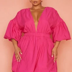 Plus Robe Droite Fuchsia Bouffante à Manches Ballon -Jolie Vêtue Soldes Magasin 5587cf628d4171be606299d5b86720a214a641c4 cmy8449 4