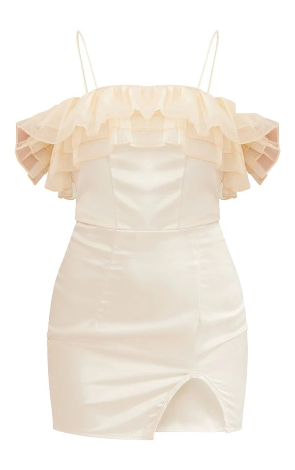 Robe Moulante Crème Satinée à Volants En Organza Et Bretelles 7 Robe Moulante Crème Satinée à Volants En Organza Et Bretelles – Image 5