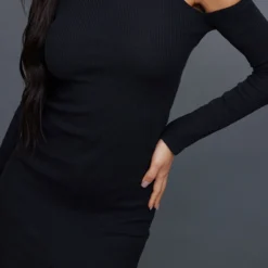 Robe Mi-longue Noire Côtelée à épaules Dénudées Et Fente -Jolie Vêtue Soldes Magasin 55f055518c65418a365b8fe1a6ad7c23407b90bb cnb8094 4