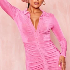 Robe Chemise Moulante En Acétate Rose à Jupe Froncée -Jolie Vêtue Soldes Magasin 560820225ac4646c8505508b66ae08d0d52aad6a cmz5890 4