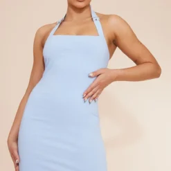 Robe Moulante Bleue Tissée Stretch à Détail Boucles Et Dos Nu
