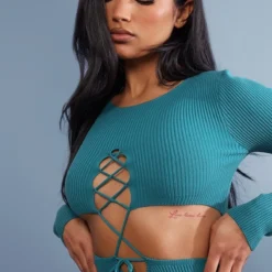 Robe Côtelée Vert émeraude à Lacets Devant -Jolie Vêtue Soldes Magasin 57482f44ef544611cf21487d3508a89d30a33aab cnb6435 4