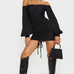 Robe Moulante Noire Côtelée à Col Bardot & Manches Bouffantes -Jolie Vêtue Soldes Magasin 57e4ec9474fe308994203898cd3c71929390f142 cmm1742 3