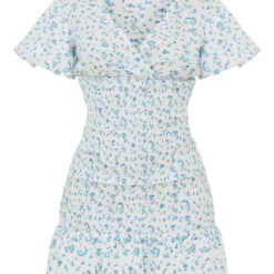 Robe Moulante Imprimé Petites Fleurs Bleues Froncée à Col En V -Jolie Vêtue Soldes Magasin 5890dd8244cde8fce9cc7f4c9a69957bad8b4276 cnc8280 5