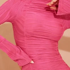 Robe Moulante Crêpée Froncée Rose Vif à Manches évasées -Jolie Vêtue Soldes Magasin 58e079547175c9ac0a8eb920e923ebd03a1f0899 cmw9882 5