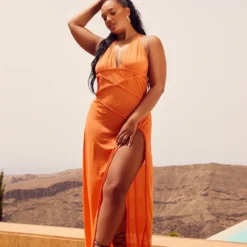 Plus Robe De Plage Longue Fendue Orange Décolletée à Détail Tressé -Jolie Vêtue Soldes Magasin 58f0b2cb65d72e22a81762871d53f290c15310cf cnd4780 3