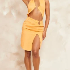 Robe Moulante Effet Lin Orange Découpée à Dos Nu Et Empiècement -Jolie Vêtue Soldes Magasin 59256f6c985cad9543c51ebce099fd3a4408b133 cnd5906 3