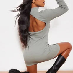 Robe Moulante Très Côtelée Vert Sauge Kaki à Col Montant Et Ouverte Au Dos -Jolie Vêtue Soldes Magasin 593bcdabcd067c3c04eac398058c7dfe75231874 cna3071 1