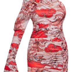 Robe Asymétrique Moulante Satinée Nude Imprimé Tatouages à Manches Bouffantes Et Fronces -Jolie Vêtue Soldes Magasin 597298a444eb0e7439bd614b9c9604b39cf80c21 cnb7391 5