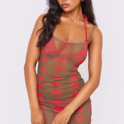 Robe Moulante En Mesh Kaki à Bretelles Et Monogrammes