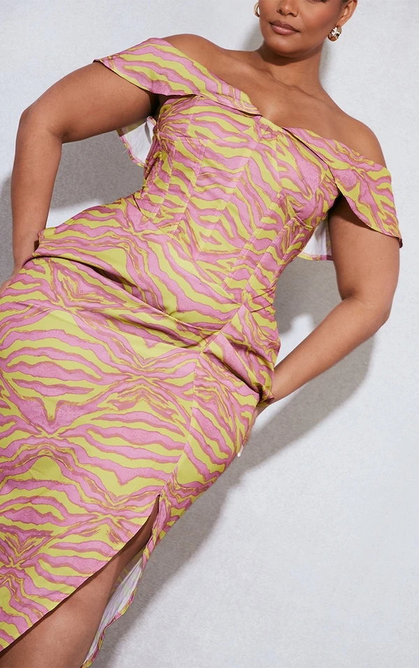 Plus Robe Mi-longue Imprimé Zébré Vert Citron Froncée Sur Le Côté 6 Plus Robe Mi-longue Imprimé Zébré Vert Citron Froncée Sur Le Côté – Image 4