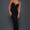 Robe Longue En Mesh Froncé Noir à Barre En V Et Bretelles