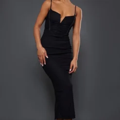 Robe Longue En Mesh Froncé Noir à Barre En V Et Bretelles