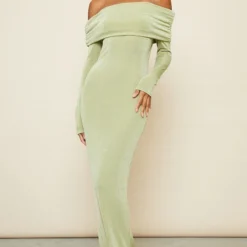 Robe Moulante Longue En Acétate Vert Sauge à Manches Longues Et Col Bardot