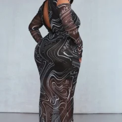 Plus Robe Longue En Mesh Imprimé Noir à épaules Dénudées -Jolie Vêtue Soldes Magasin 5b01e8fede7301038dc9932136d5820315617689 cnc0703 2