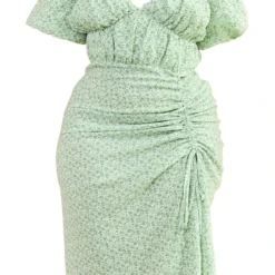 Plus Robe Mi-longue Fendue Verte Fleurie à Côtés Froncés Et Manches Bouffantes -Jolie Vêtue Soldes Magasin 5b25382709cabfcf533ea3aee5f3872eec54df3e cmw4076 6