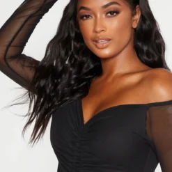 Shape Robe Moulante Noire Froncée En Mesh à Col Bardot -Jolie Vêtue Soldes Magasin 5b5a2b0d40b72277ee628f541d987d8d84f9c615 cme1152 5