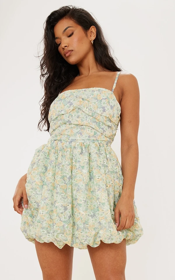 Robe Texturée Fleurie Verte à Bretelles Et Jupe Bouffante 3 Robe Texturée Fleurie Verte à Bretelles Et Jupe Bouffante