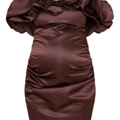 Maternité Mini Robe De Grossesse Satinée Chocolat à Col Bardot Volanté -Jolie Vêtue Soldes Magasin 5be1809f76c8d2fe896034bf57ced85d5a5cc558 cna9474 5
