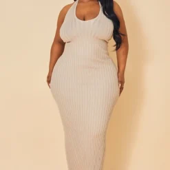 Plus Robe Longue En Maille Tricot Gris Pierre à Décolleté Plongeant