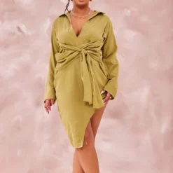 Plus Robe Chemise En Effet Lin Vert Olive à Liens Autour De La Taille -Jolie Vêtue Soldes Magasin 5d470a745eafcd379112ca4cc39de09aa05723ee cnd6507 3