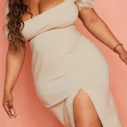 Plus Robe Mi-longue En Maille Tissée Stretch Gris Pierre à Manches Bouffantes -Jolie Vêtue Soldes Magasin 5d80a62c724724b9ce38dd86f89836506d999388 cmy8530 5