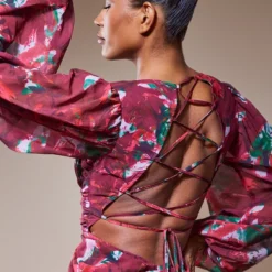 Robe Mi-longue En Mousseline De Soie Prune Imprimée à Lacer Dans Le Dos Et Manches Longues -Jolie Vêtue Soldes Magasin 5e4269142ce680598b2585504fbb22205795a412 cnc3054 4