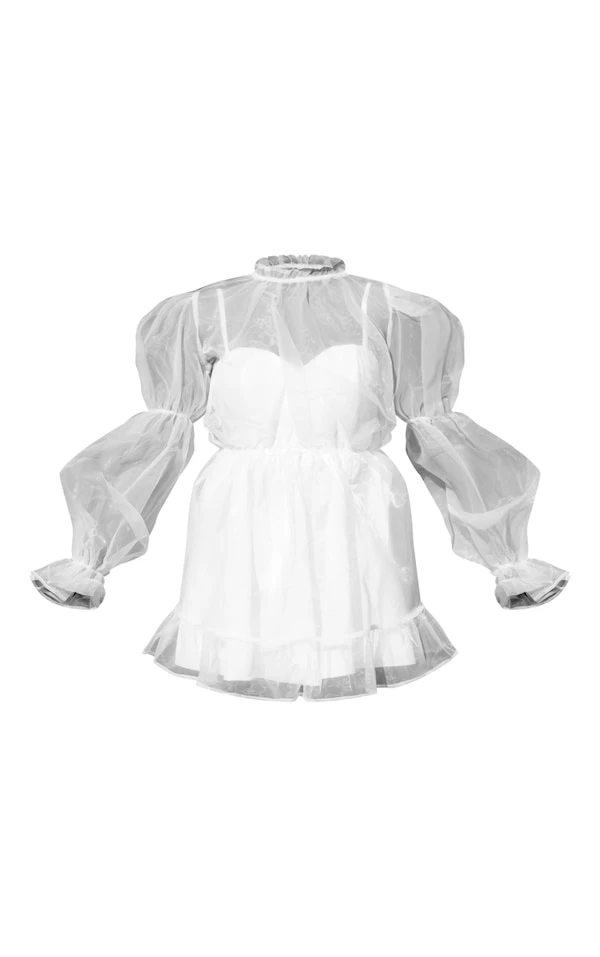 Robe Droite En Organza Blanc à Col Montant Et Manches Bouffantes 7 Robe Droite En Organza Blanc à Col Montant Et Manches Bouffantes – Image 5