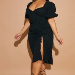 Plus Robe Mi-longue Fendue Noire à Côtés Froncés Et Manches Bouffantes 9 Plus Robe Mi-longue Fendue Noire à Côtés Froncés Et Manches Bouffantes -Jolie Vêtue Soldes Magasin 5ed3570b4149802cd6f9297b03b82ee5182564b0 cmw4077 4