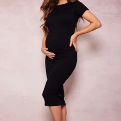 Maternité Robe De Grossesse Mi-longue Côtelée Noire Détail Contours à Manches Courtes -Jolie Vêtue Soldes Magasin 5ee2b2103488e38bc2f3ad6d05ec77fd27213f5f cnd7243 3