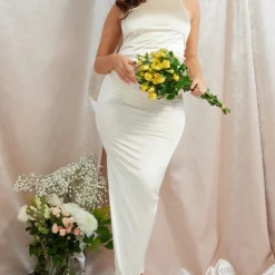 Maternité Robe Longue De Grossesse Satinée Champagne à Col Montant -Jolie Vêtue Soldes Magasin 5ee75958be77e0f296ab7e03e1ee969b3e99ad3d cnd3228 1