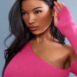 Mini Robe En Maille Tricot Côtelée Rose Vif Asymétrique à Fente -Jolie Vêtue Soldes Magasin 5ef77d4178830ad38d804b0ae9637df27d79851e cnb6422 4