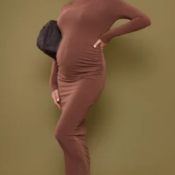Maternité Robe Mi-longue De Grossesse Chocolat Froncée à Manches Longues