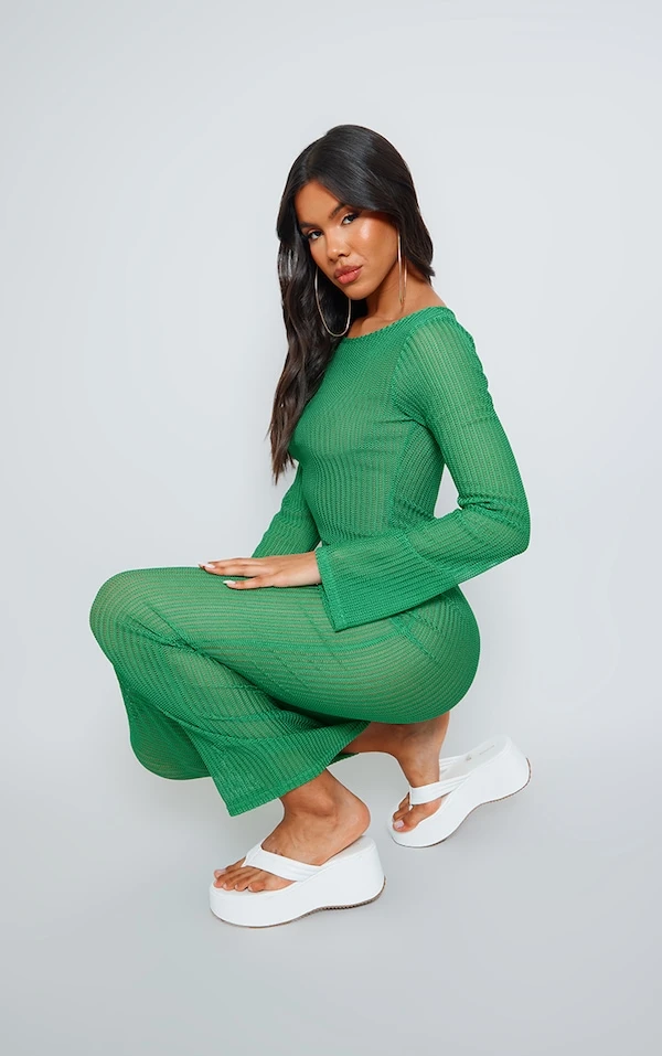 Robe Longue Texturée Ajourée Vert Foncé à Manches Longues 5 Robe Longue Texturée Ajourée Vert Foncé à Manches Longues – Image 3