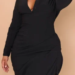 Plus Robe Chemise Mi-longue Noire Texturée à Côté Froncé -Jolie Vêtue Soldes Magasin 5f2a8564d82a33986d1f7b934b706b9a88fa429c cmw4074 5