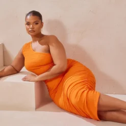 Plus Robe Mi-longue Texturée Orange à épaule Unique -Jolie Vêtue Soldes Magasin 5f3a3a7ea04bff4928c02014f5047c46982bb663 cmy4408 4