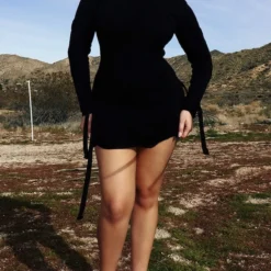 Plus Robe Moulante Portefeuille En Maille Tricot Noire Nouée