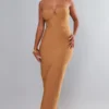 Robe Longue Bustier Camel à Détail Corset Et Derrière Fendu